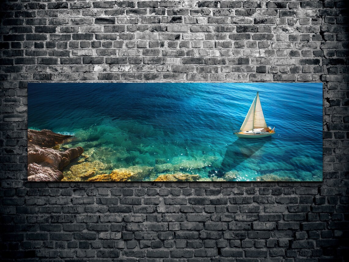 Sailboat on Crystal Clear Turquoise Sea Rocky Coast Aerial Art Poster - Image 2