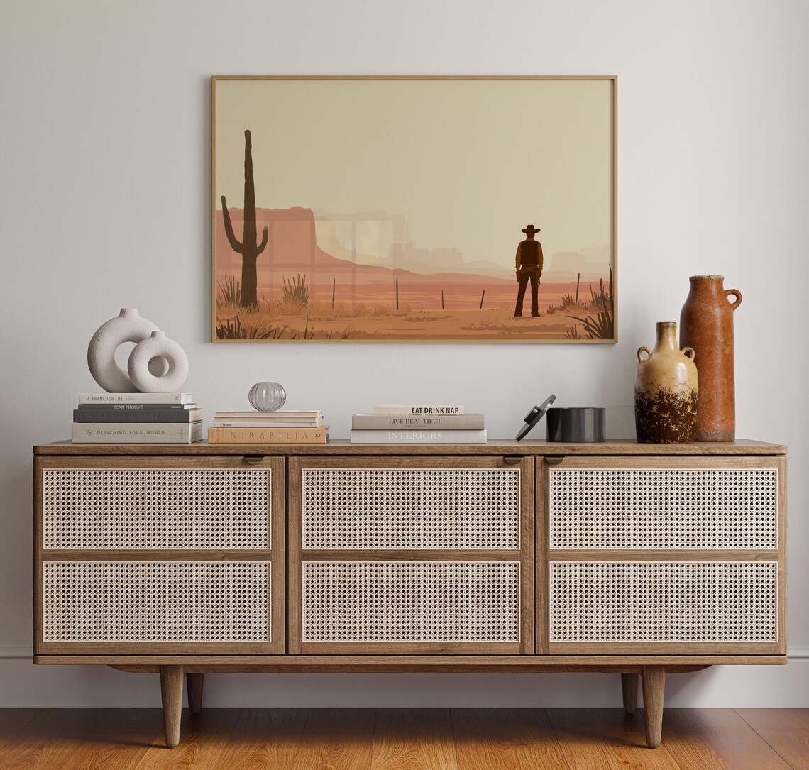 Lone Cowboy Standing In Desert Canyon View Art Print