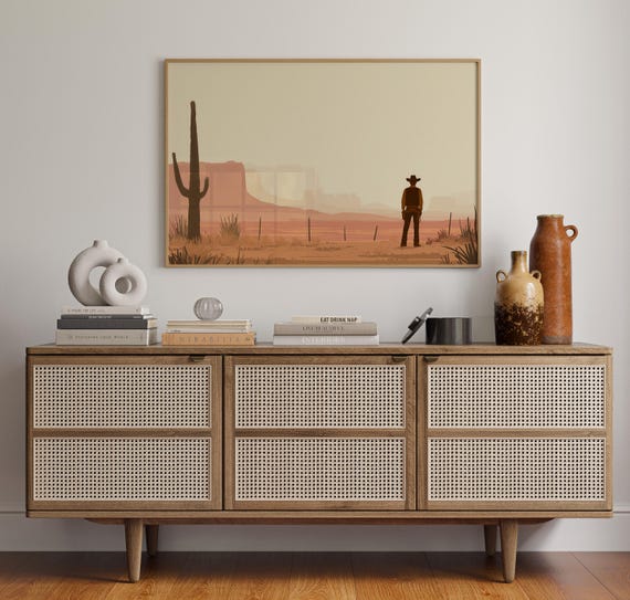 Lone Cowboy Standing In Desert Canyon View Art Print