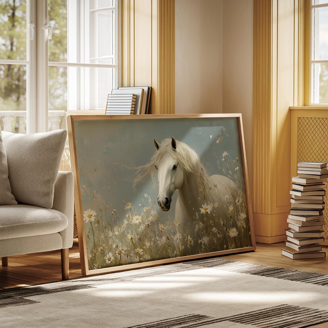 White Horse Among Daisies Gazing Out Dreamy Equine Art Poster - Image 5