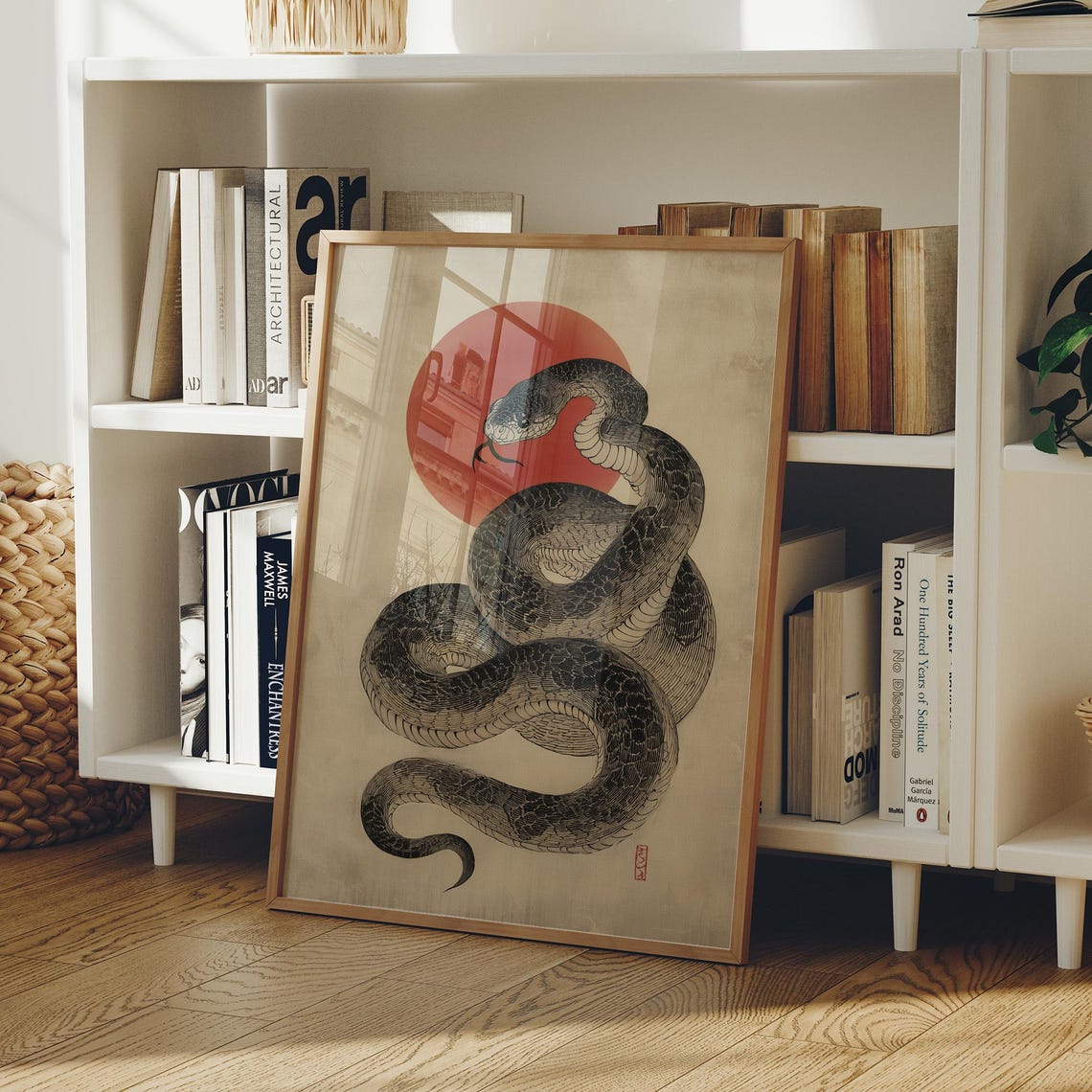 Japanese Serpent Under Crimson Sun Woodblock Style Art Wall Print