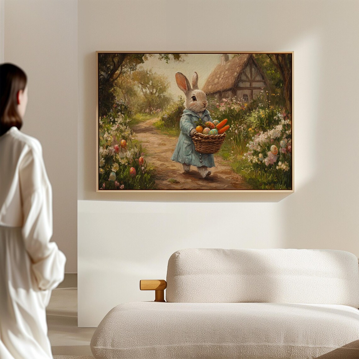 Bunny in Blue Coat Carrying Harvest Basket Toward Cottage Poster - Image 5