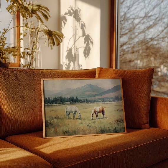 Horses Grazing In Mountain Meadow Landscape Art