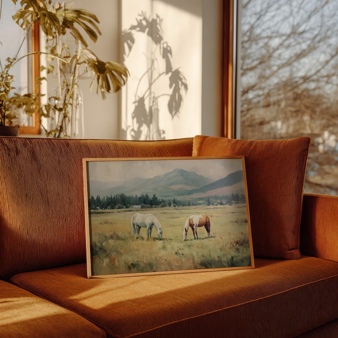 Horses Grazing In Mountain Meadow Landscape Art