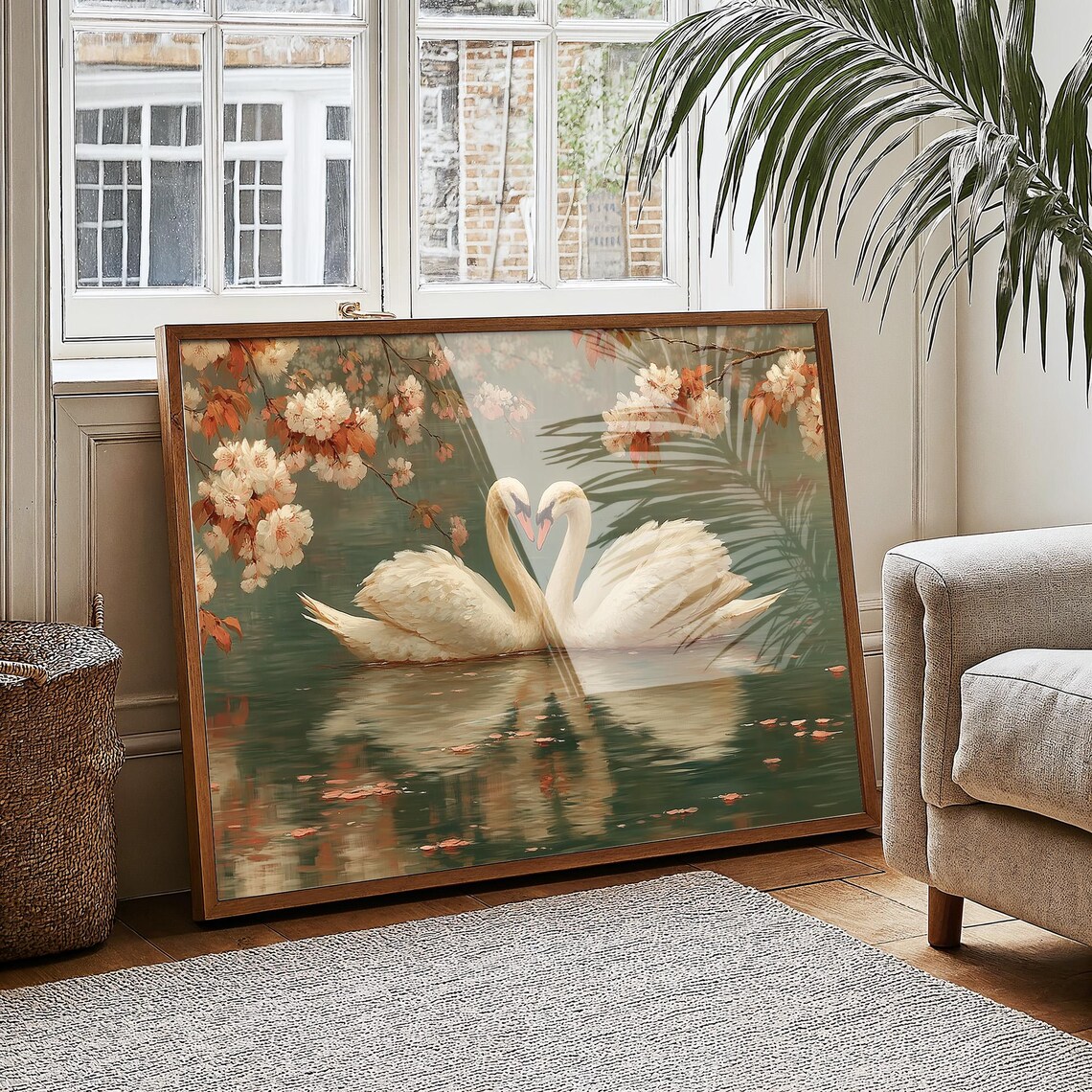 Romantic Swan Couple Cherry Blossom Lake Painting Style Poster