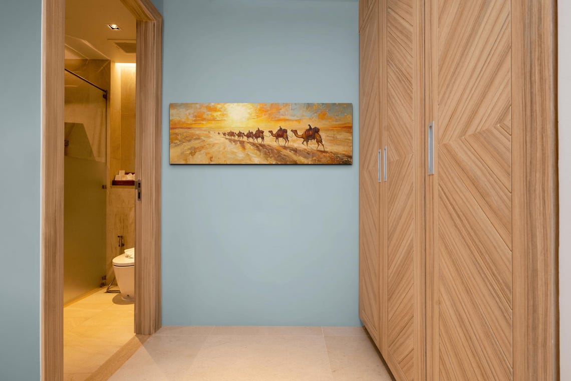 Desert Camel Caravan In Single File Warm Sunset Panoramic Art Poster - Image 3