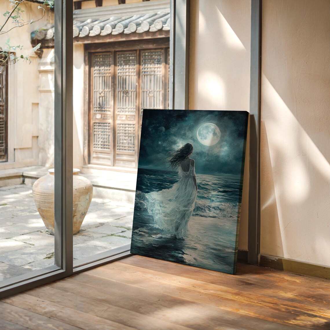 Woman Walking into Moonlit Ocean Ethereal Night Seascape Art Print - Image 7
