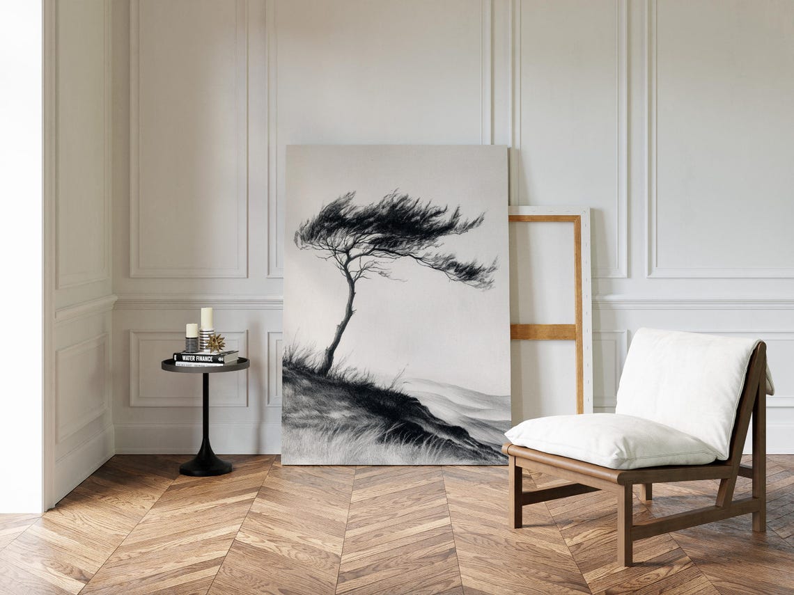 Resilient Tree In Wind Art Minimalist Black And White Drawing Of Natures Strength Modern Monochrome Wall Decor - Image 3