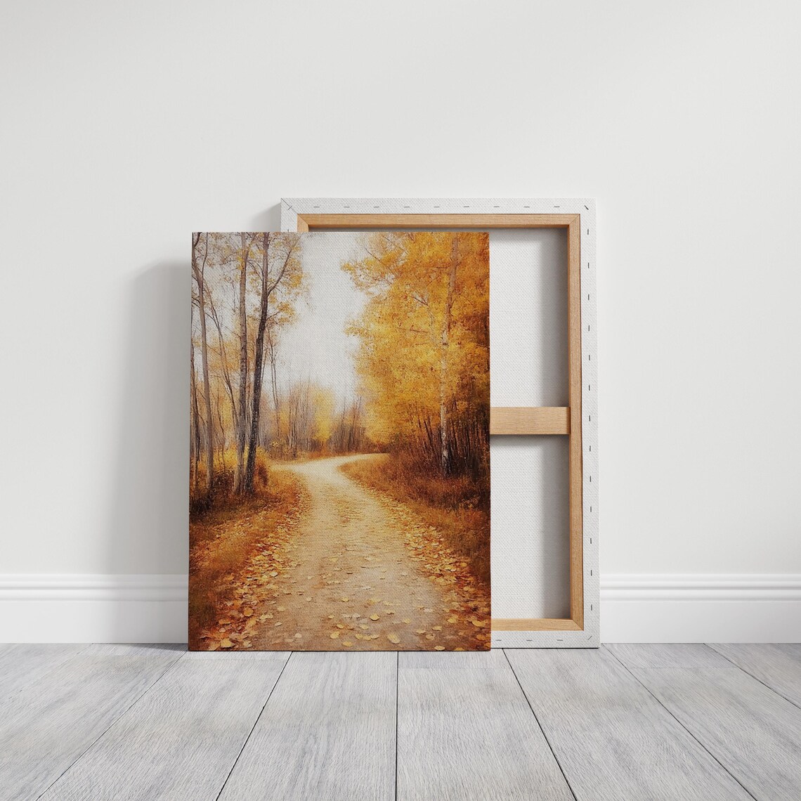 Golden Autumn Birch Path with Falling Leaves Winding Forest Road Poster - Image 3
