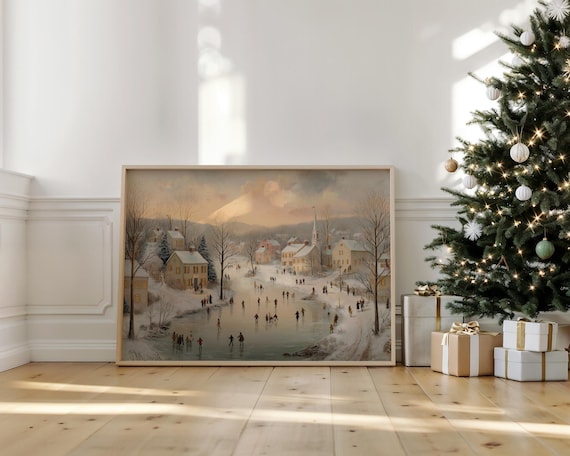 Vintage Winter Village With Ice Skaters On Frozen Pond Poster