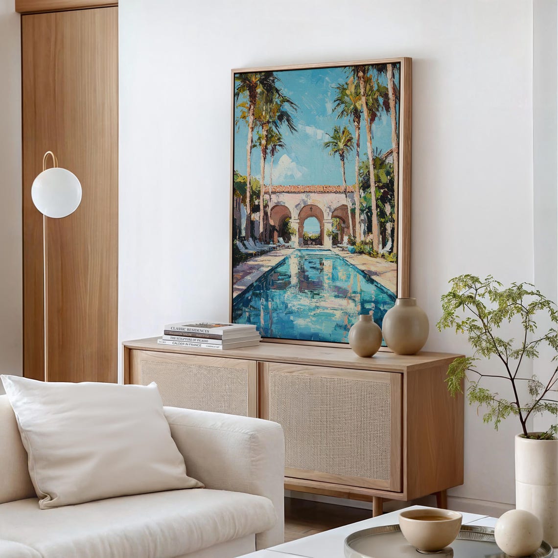 Elegant Mediterranean Pool Serene Villa Retreat With Palm Trees Archways And Bright Blue Sky For Luxe Tropical Wall Art - Image 4