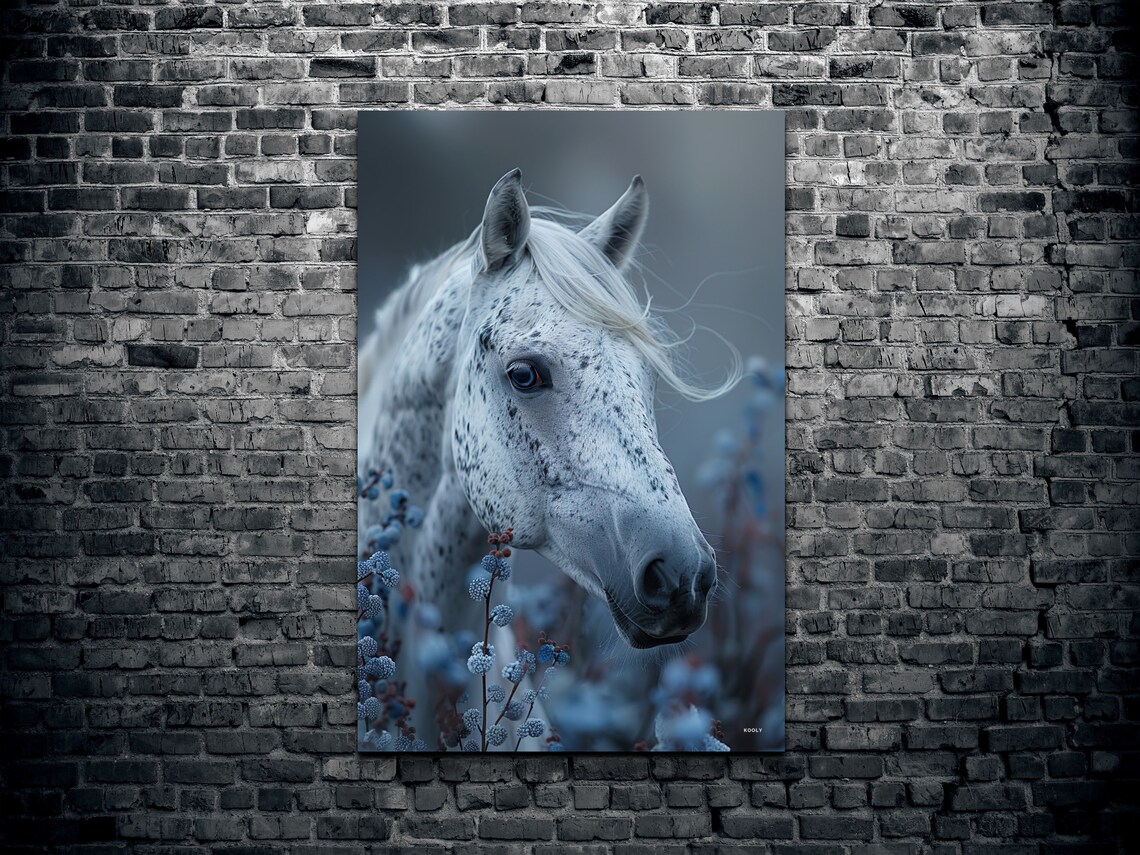 White Horse Portrait Misty Blue Wildflowers Equine Decor Wall Art - Image 2