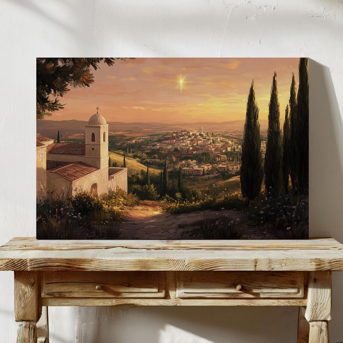 Bethlehem Landscape, Vintage Oil Painting of Nativity Star