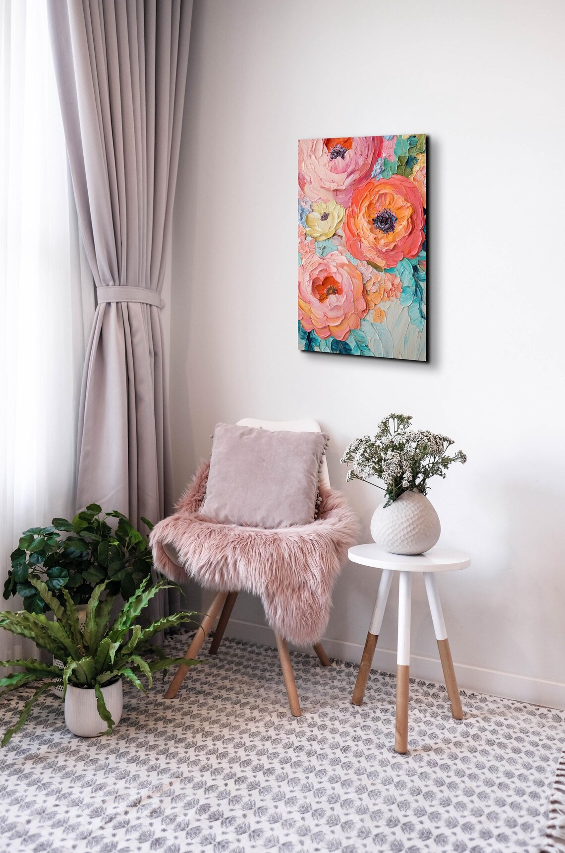 Pink Coral Ranunculus Impasto Palette Knife Floral Oil Art Poster - Image 7