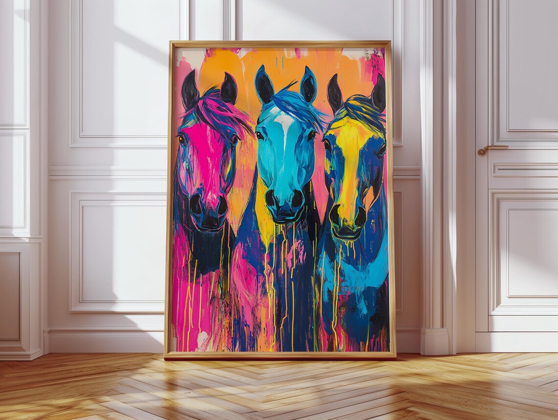 Neon Trio of Horses Dripping Paint Colorful Pop Art Horse Poster