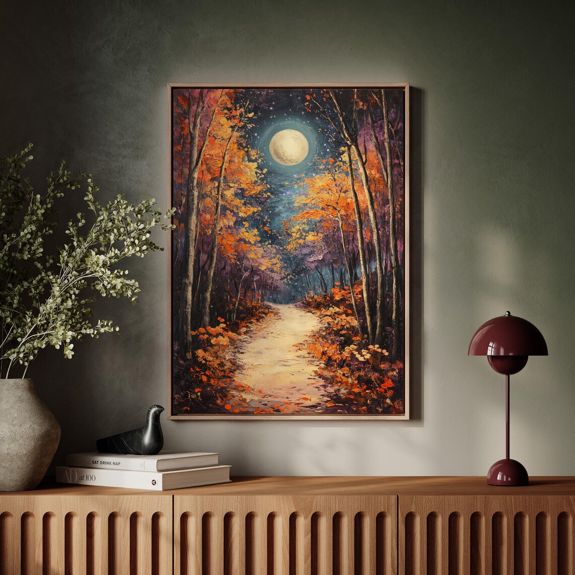 Autumn Forest Path With Full Moon, Rustic Nature Art