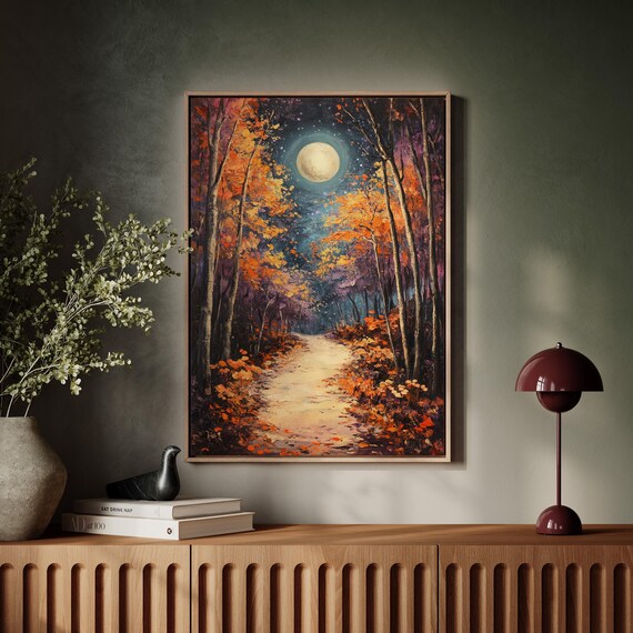 Autumn Forest Path With Full Moon, Rustic Nature Art