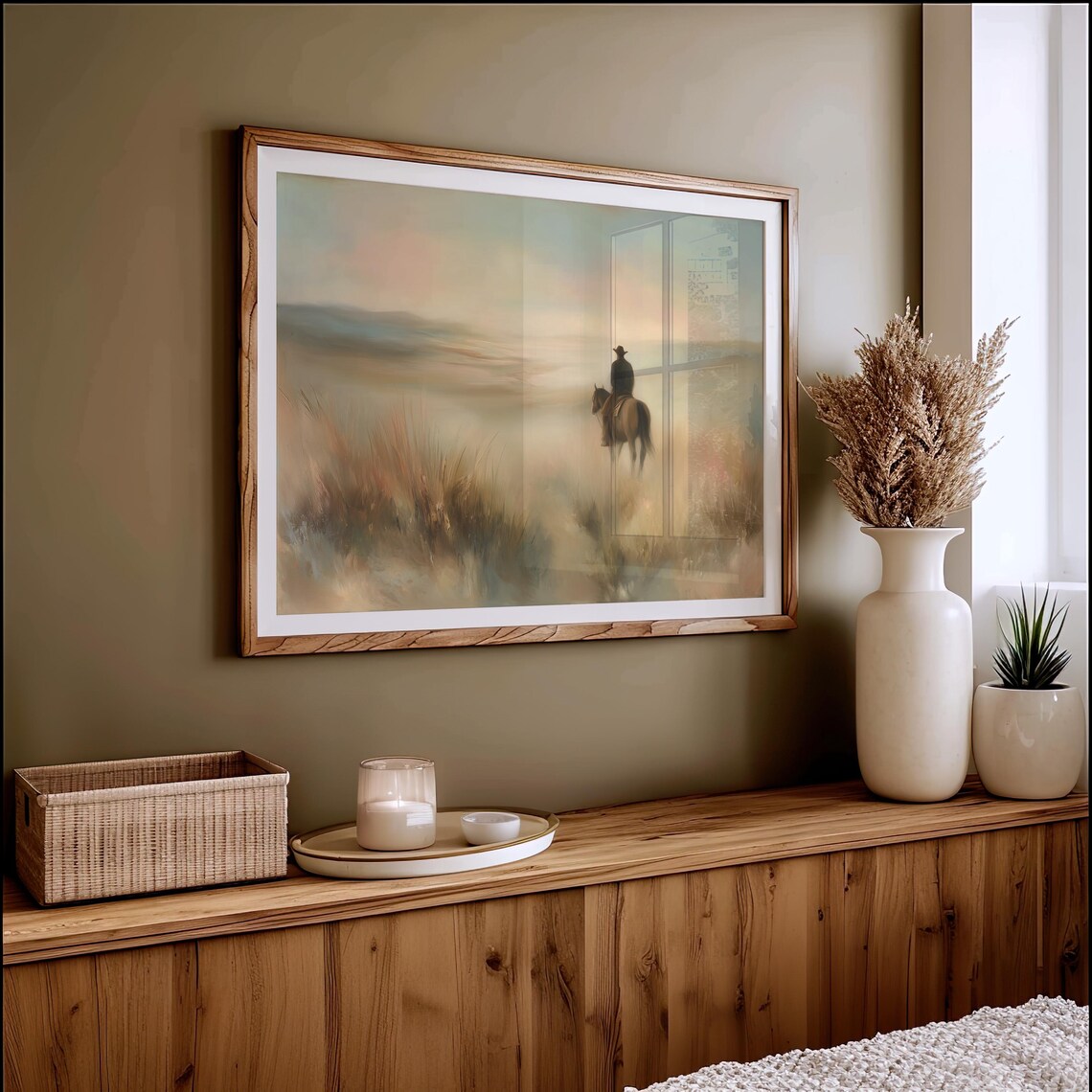 Lone Cowboy Riding Through Misty Plains Art Print
