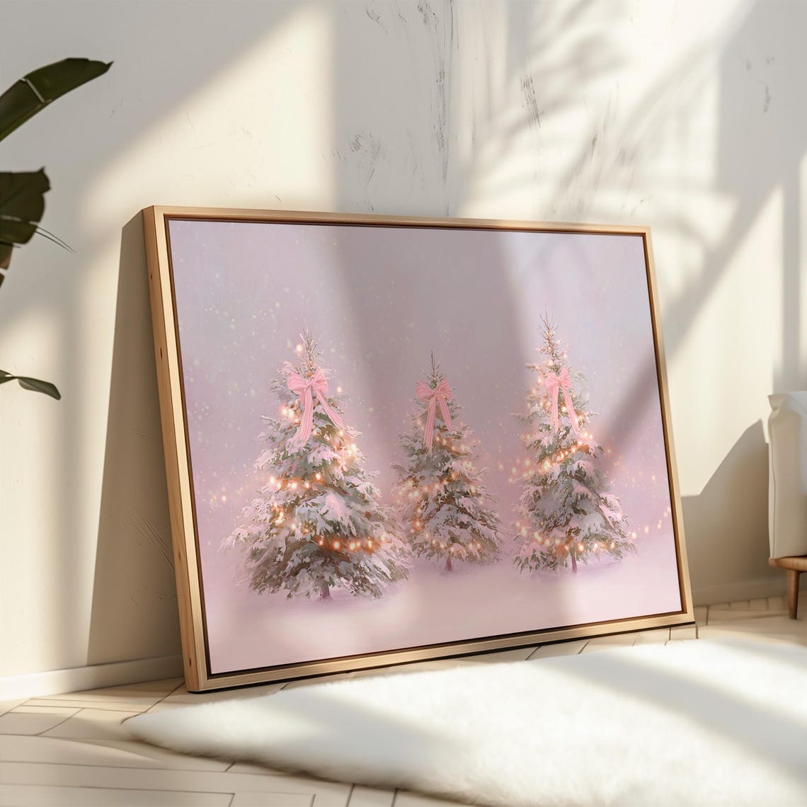 Three Pink Christmas Trees with Bows in Snowy Wonderland Wall Art
