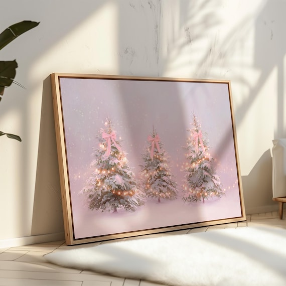 Three Pink Christmas Trees with Bows in Snowy Wonderland Wall Art