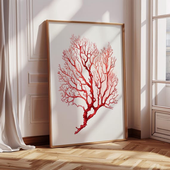 Abstract Red Coral Watercolor, Coastal Decor