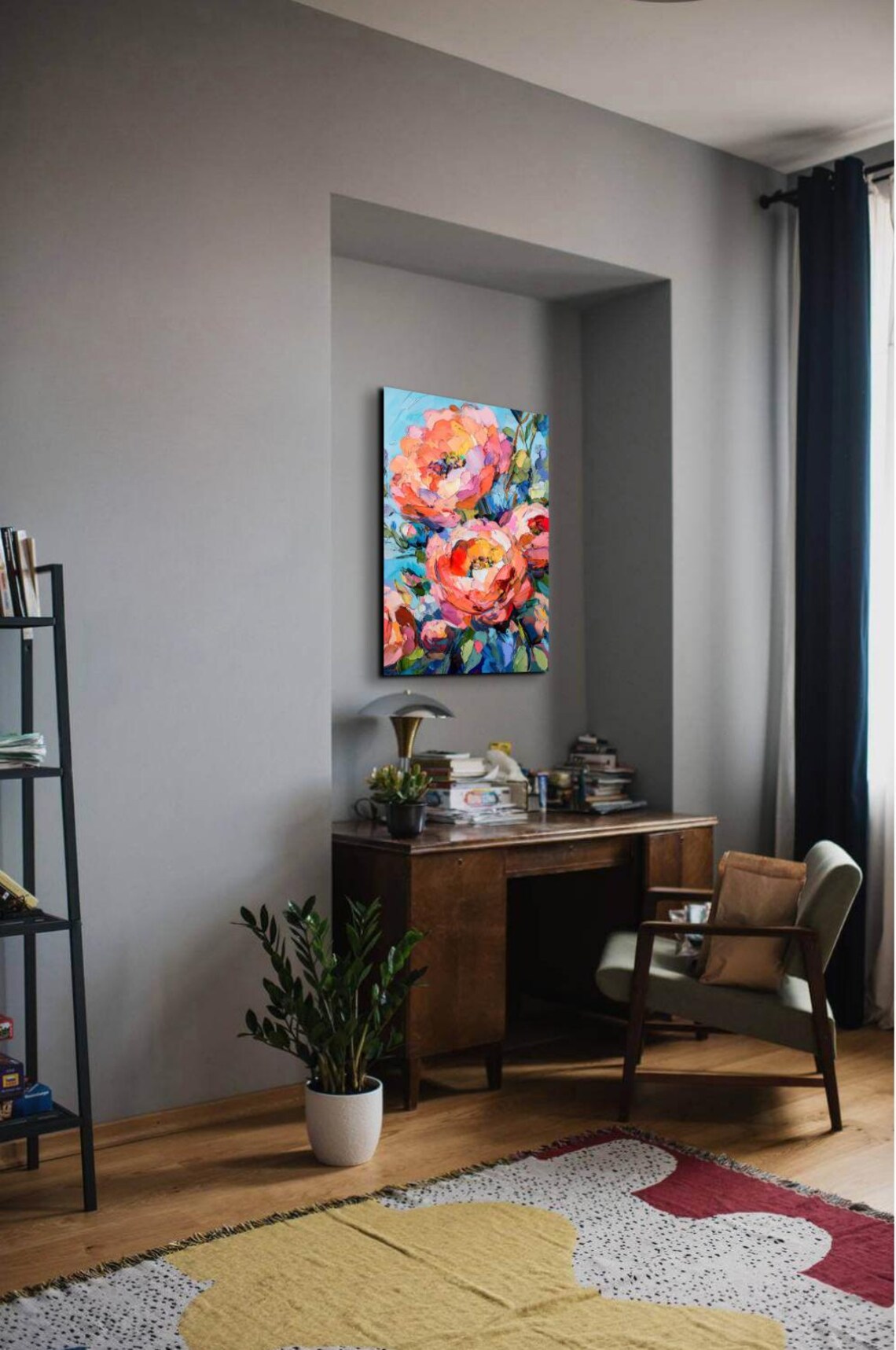 Pink Orange Peony Blooms Impasto Oil Style Floral Canvas Poster - Image 7