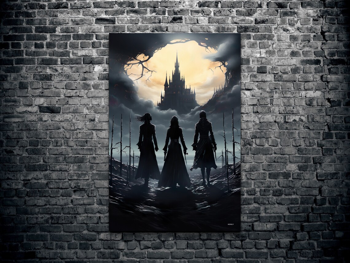 Gothic Castle Under the Full Moon with Three Silhouetted Travelers Poster - Image 2