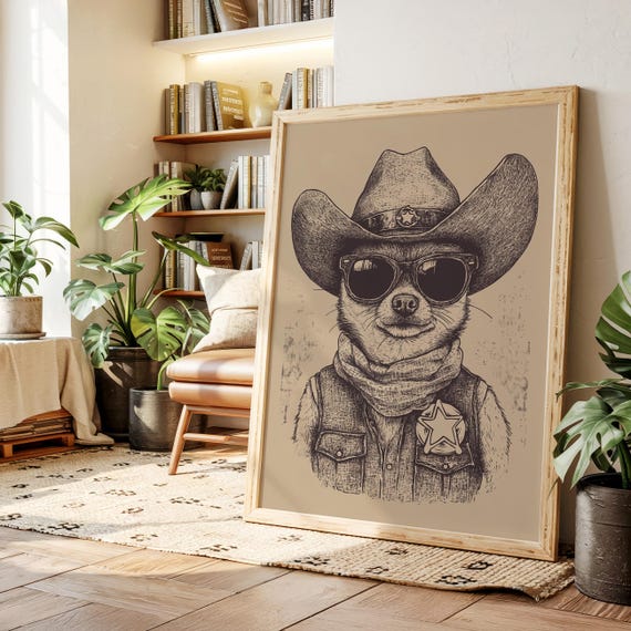 Cowboy Dog Sheriff Canvas Art Funny Western Wall Decor Rustic Farmhouse Animal Print Cool Poster For Country Style Home