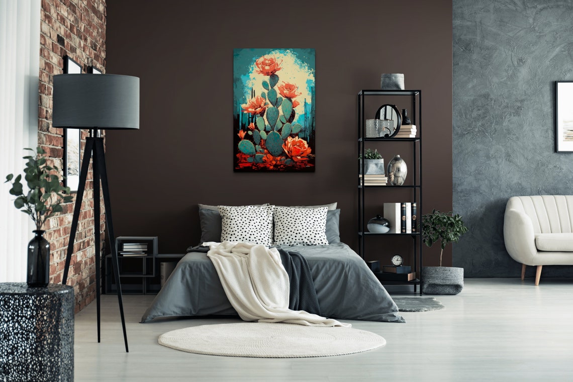 Blooming Cactus Red Flowers Teal Pop Art Desert Botanical Poster - Image 4