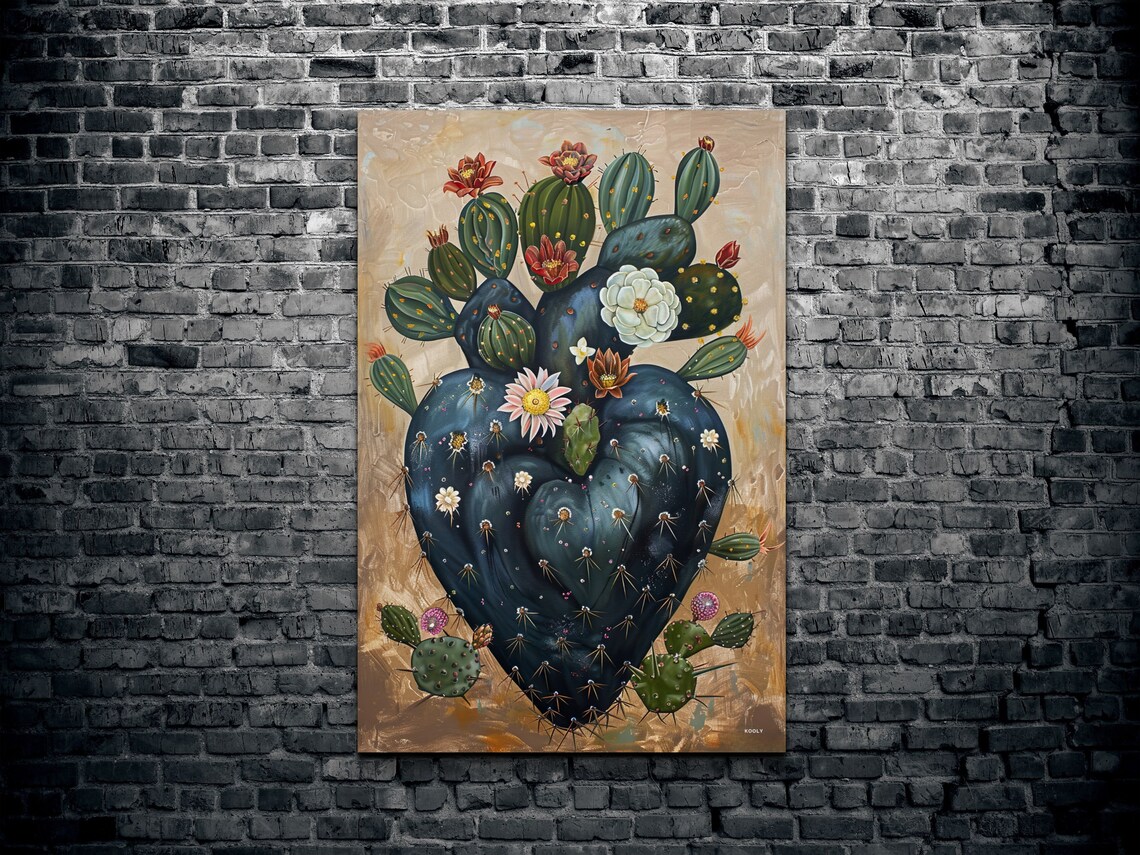 Black Cactus Heart With Desert Flowers Southwestern Art Poster - Image 2