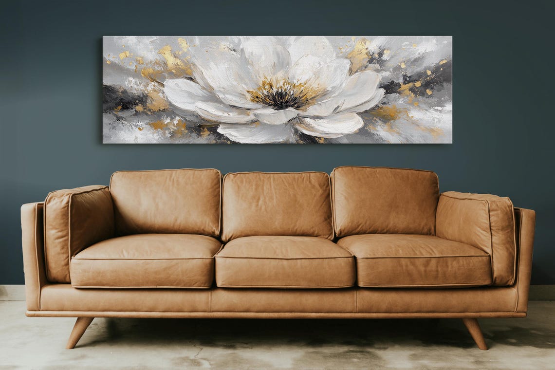 White Magnolia Gold Abstract Floral Gray Textured Modern Art Poster - Image 6