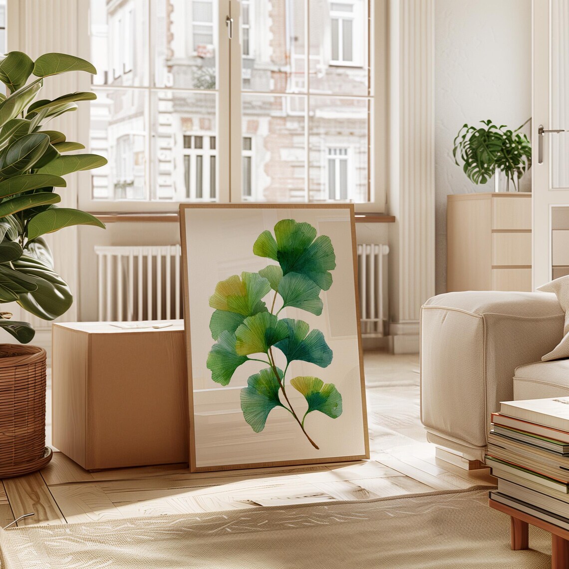 Fresh Green Ginkgo Leaf Branch Botanical Watercolor Wall Art