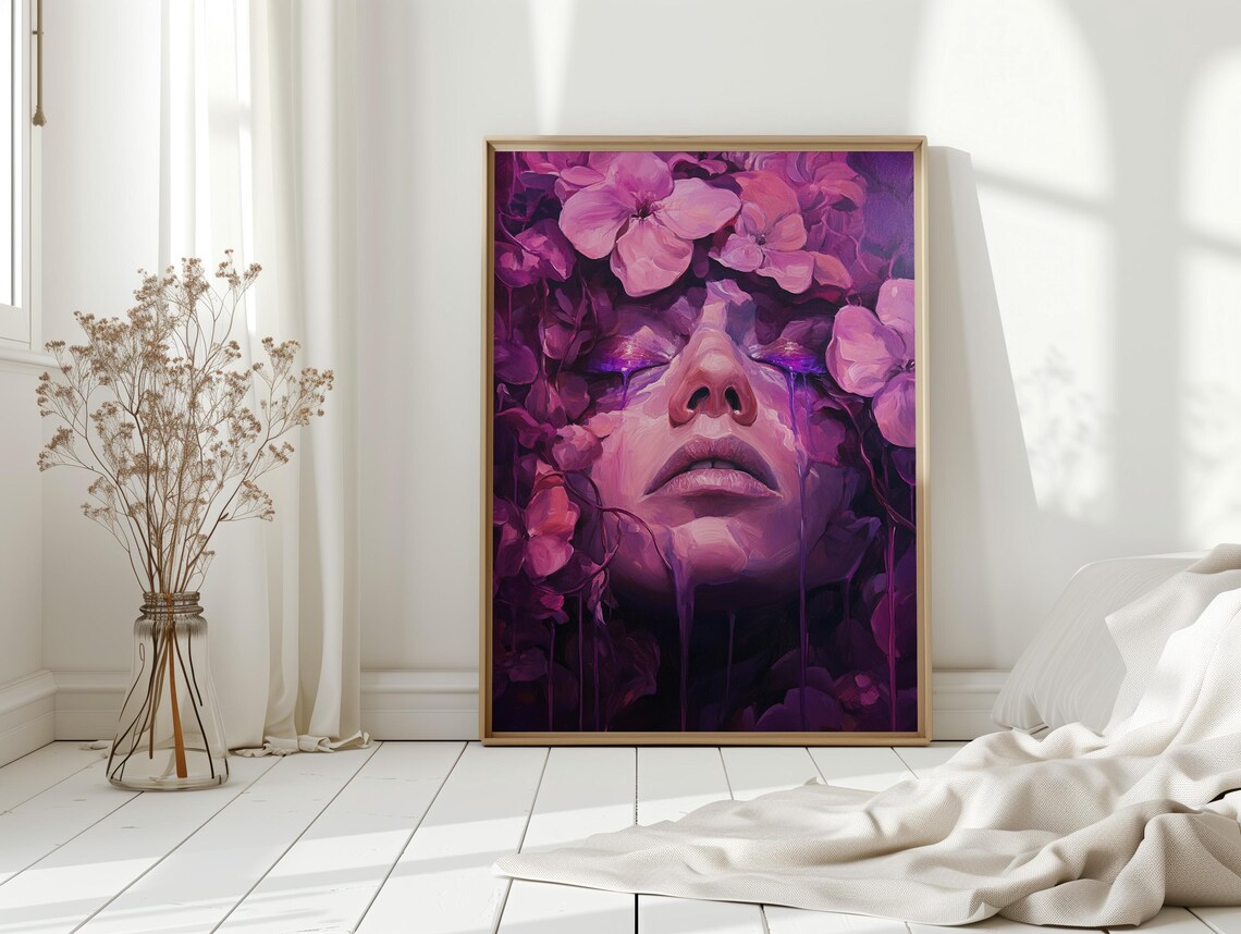 Purple Flower Face Surreal Emotional Dripping Woman Art Poster