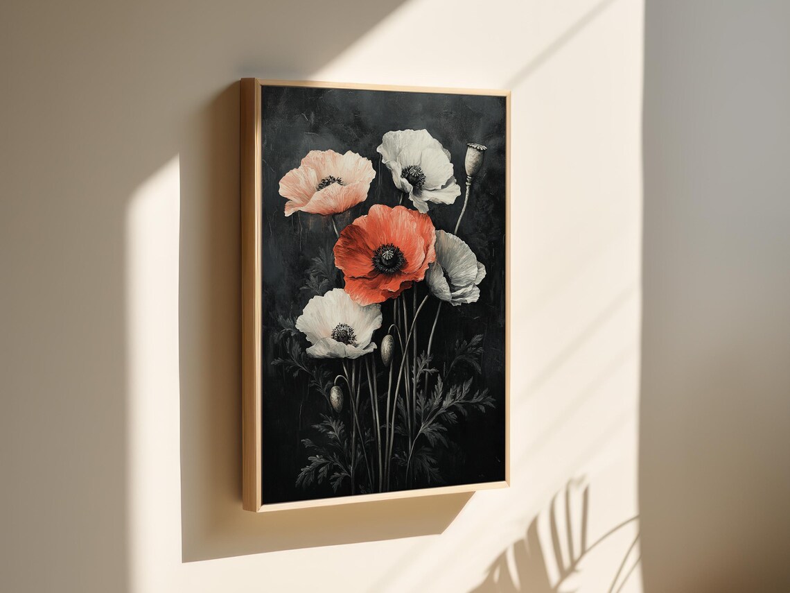 Moody Red And White Poppies On Black Dark Botanical Floral Poster - Image 4