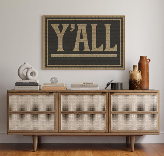Yall Mosaic Wall Art Rustic Southern Typography Print In Black And Tan Brick Pattern For Country Western Decor