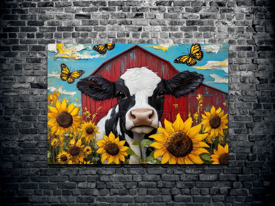 Cow in Sunflowers with Monarch Butterflies Red Barn Folk Poster - Image 2