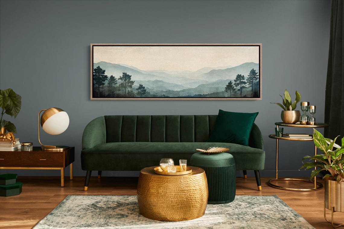 Foggy Blue Mountain Layers With Pine Trees Minimalist Panoramic Poster - Image 4