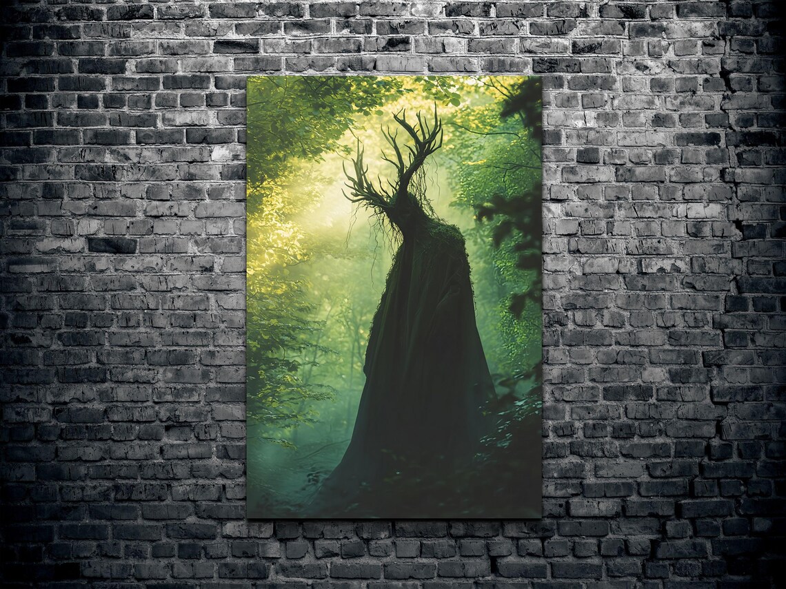 Antlered Cloaked Woodland Figure Standing In A Misty Green Forest Poster - Image 2