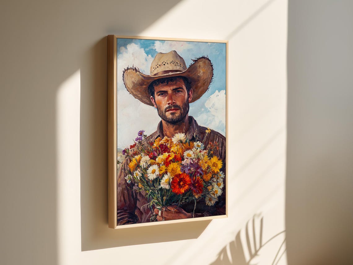 Rustic Cowboy With Wildflower Bouquet Blue Sky Country Poster - Image 3