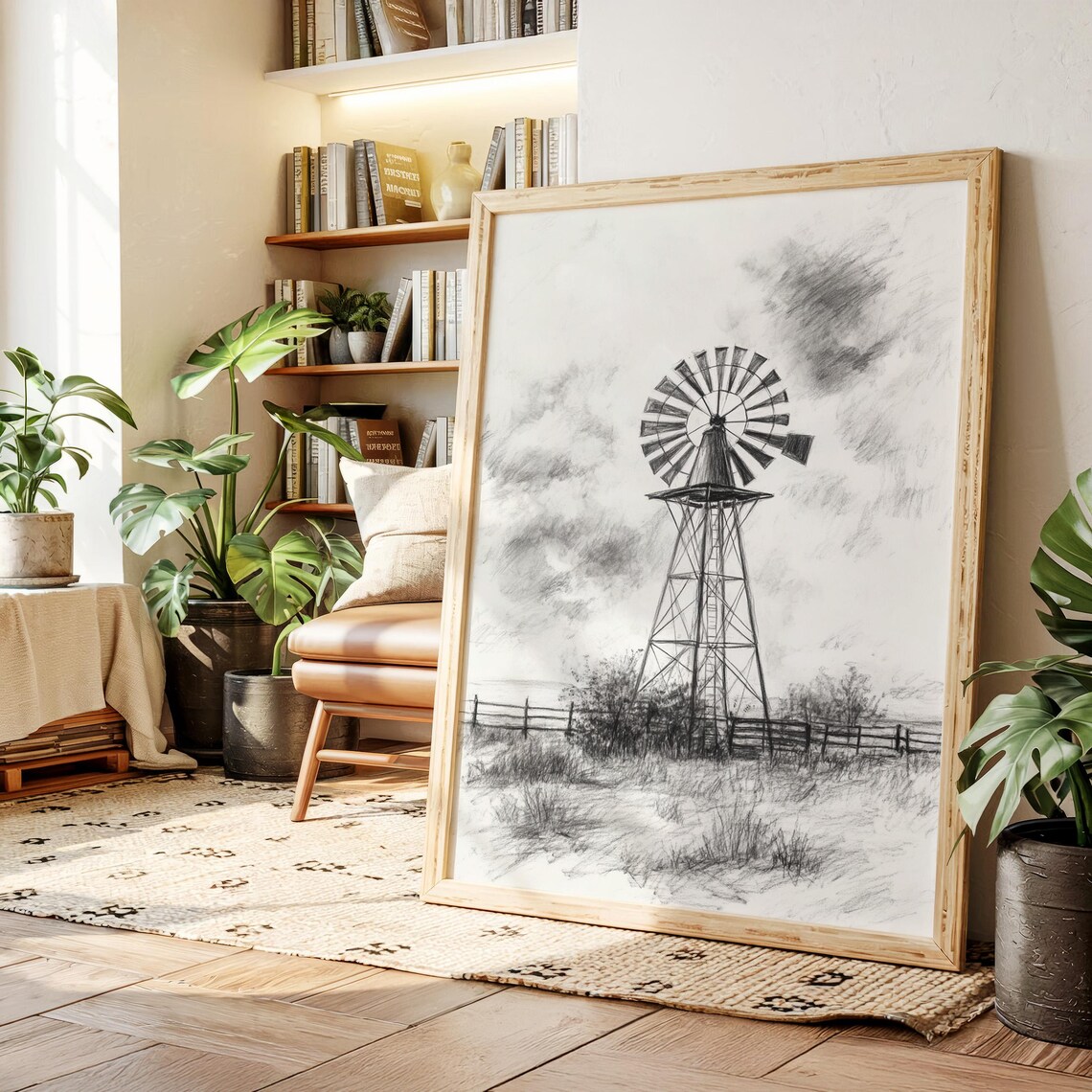 Vintage Windmill Sketch In Black And White Farm Landscape Poster
