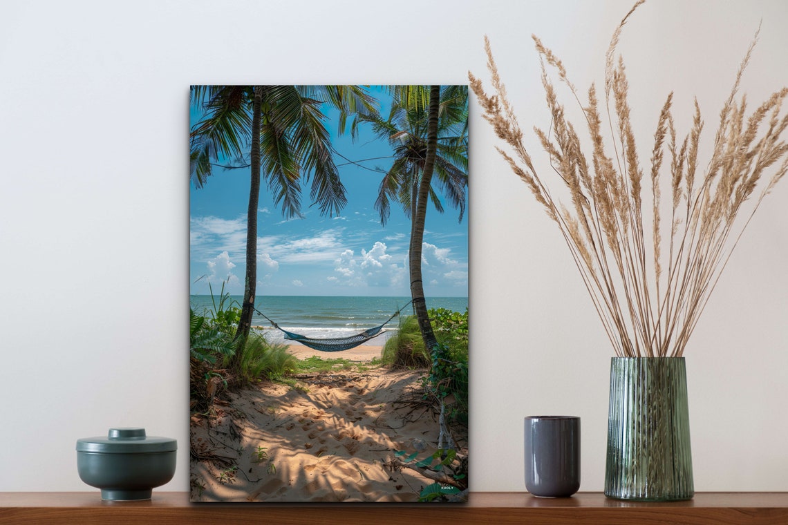 Tropical Beach Hammock Between Palm Trees Sunny Ocean View Poster - Image 5