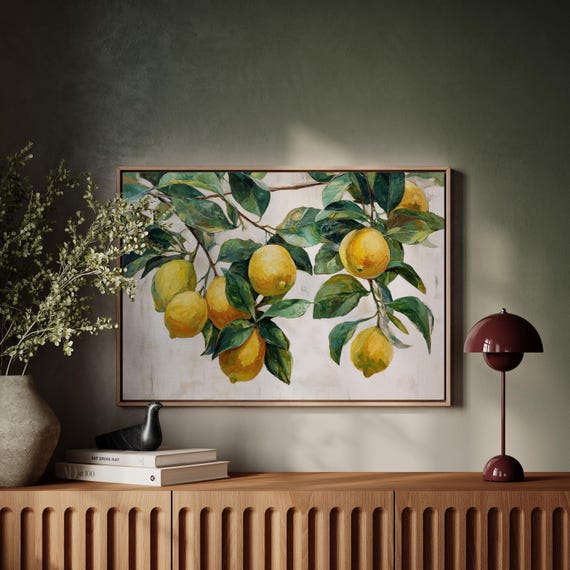 Lemon Tree Canvas Wall Art Vintage Still Life Citrus Painting With Green Leaves Mediterranean Kitchen Dining Room Farmhouse Decor
