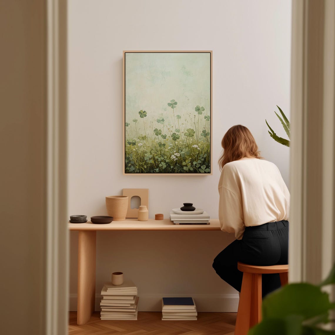 Minimalist Clover Meadow Under Pale Sky Soft Green Nature Wall Art - Image 5