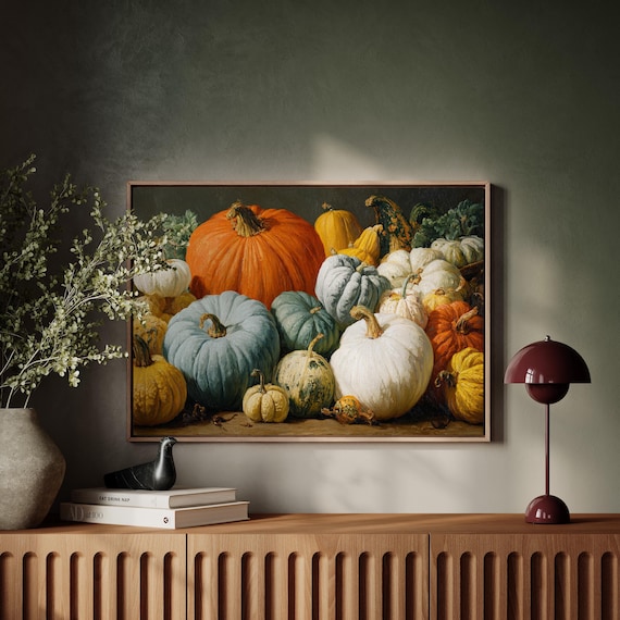 Colorful Pumpkin Harvest Rustic Autumn Still Life Oil Paint Poster