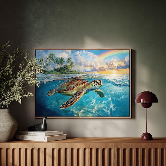 Vibrant Sea Turtle Wall Art Island Paradise Ocean Sunset Tropical Beach Decor Nature Inspired Coastal Living Room Artwork