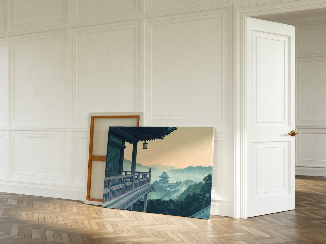 Temple Veranda Lantern View Pagoda Mist Sunset Japanese Art Poster - Image 4