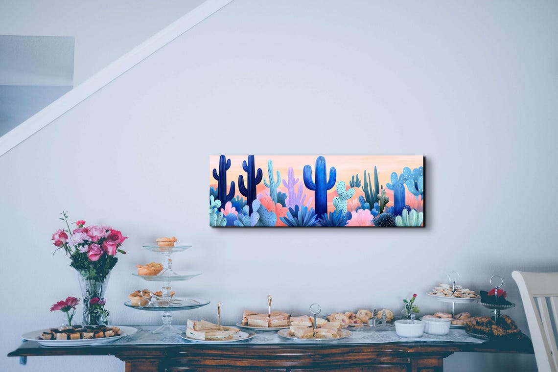 Colorful Blue Cactus Desert Illustration Sunset Sky Art Poster - Image 7