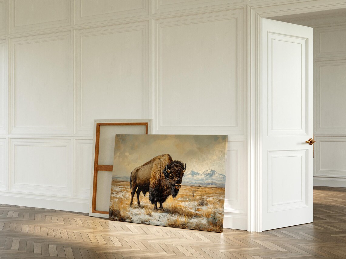 Majestic American Bison in Golden Prairie Oil Painting Wildlife Poster - Image 4