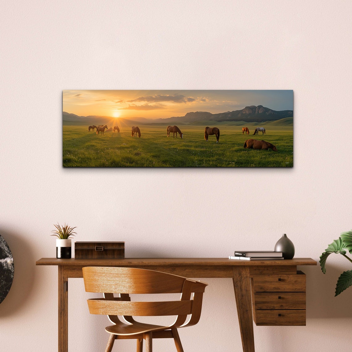 Wild Horses Grazing Meadow Sunset Mountain Panoramic Photo Poster - Image 7