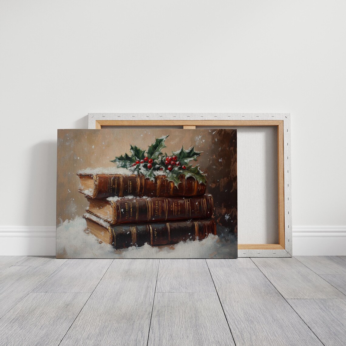 Antique Books Snow Holly Berries Christmas Vintage Winter Art Poster - Image 3